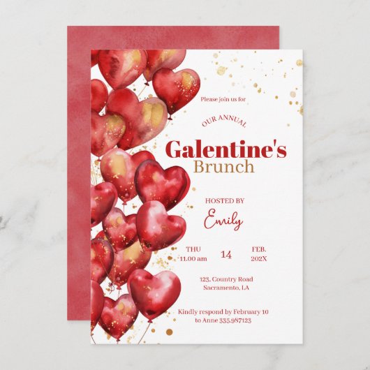 Galentiner Tag Aquarellherz Moderne Rot Einladung (Vorne/Hinten)
