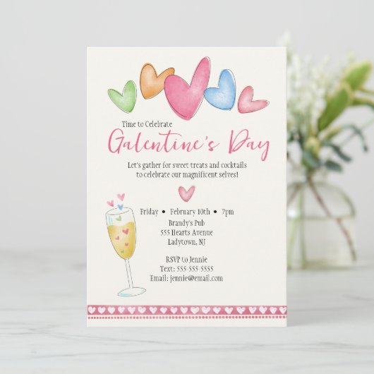 Galentiner Tag Wasserfarbenherzen Einladung (Stehend Vorderseite)