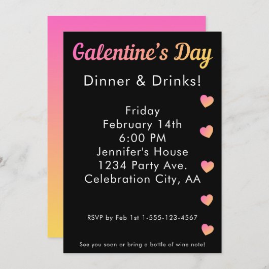 Galentines Day Dinner Drinks Pink Black Party Einladung (Vorne/Hinten)