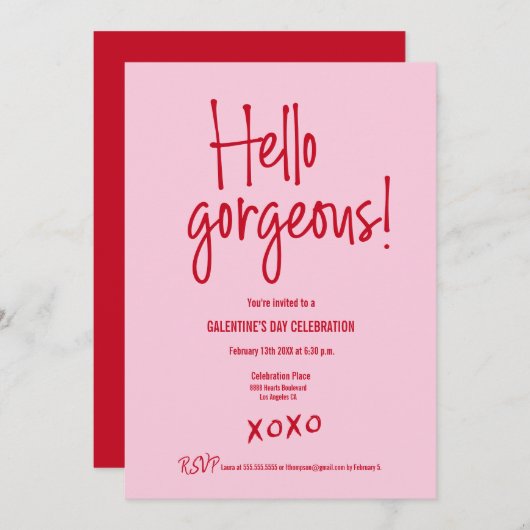 Galentine's Day PINK RED Hello gorgeous XOXO Einladung (Vorne/Hinten)