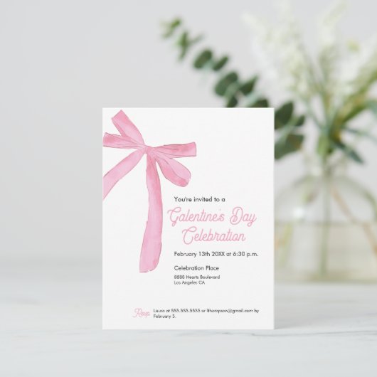Galentine's day Pink Ribbon Bow Girly modern Einladung (Stehend Vorderseite)