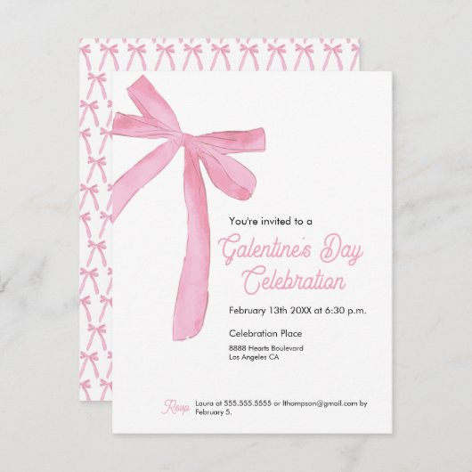 Galentine's day Pink Ribbon Bow Girly modern Einladung (Vorne/Hinten)