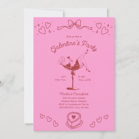 Galentines Girls Night Party Hand Drawn Pink Red Einladung (Vorderseite)