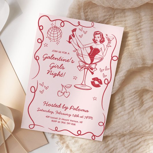 Galentines Girls Night Party Handgezeichnet Rosa Einladung