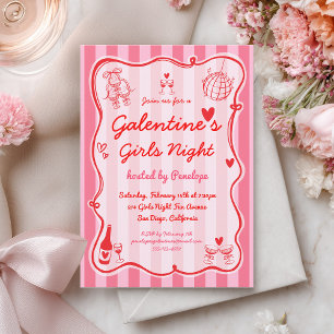 Galentine's Mädchen Nacht Rosa Rot Handgezeichnete Einladung