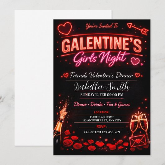 Galentine's Mädchenabend, Freunde Valentins Dinner Einladung (Vorne/Hinten)