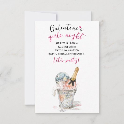 Galentines Party Invitation Champagne & Disco Ball RSVP Karte (Vorderseite)