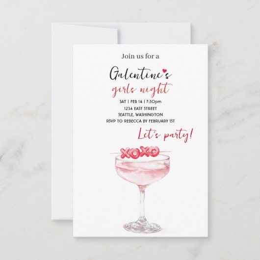 Galentines Party Invitation | Pink Cocktail RSVP Karte (Vorderseite)