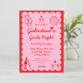Galentine's Pink Red Hand Drawn Girls Night Party Einladung (Stehend Vorderseite)