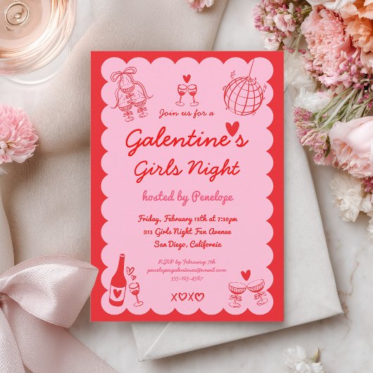 Galentine's Pink Red Hand Drawn Girls Night Party Einladung