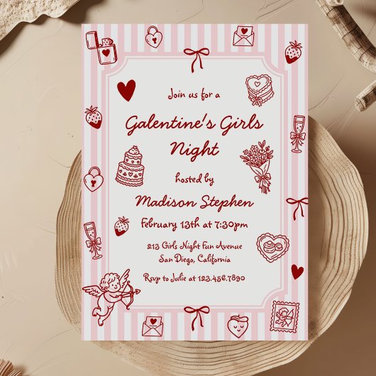 Galentine's Pink Red Hand Drawn Girls Night Party Einladung