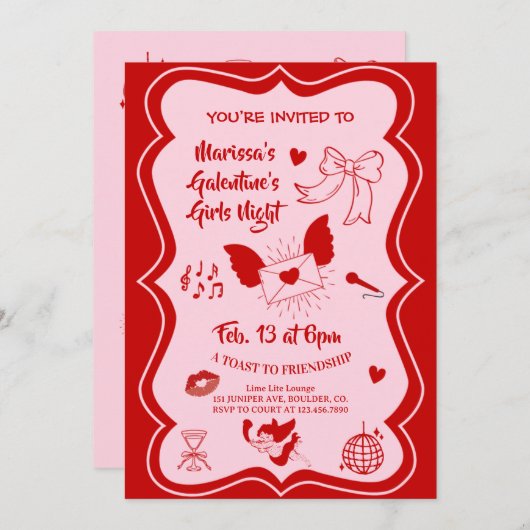 Galentine's Pink Red Hand Drawn Night Party Einladung (Vorne/Hinten)