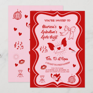 Galentine's Pink-Rot Handgezeichnete Nachtparty Einladung