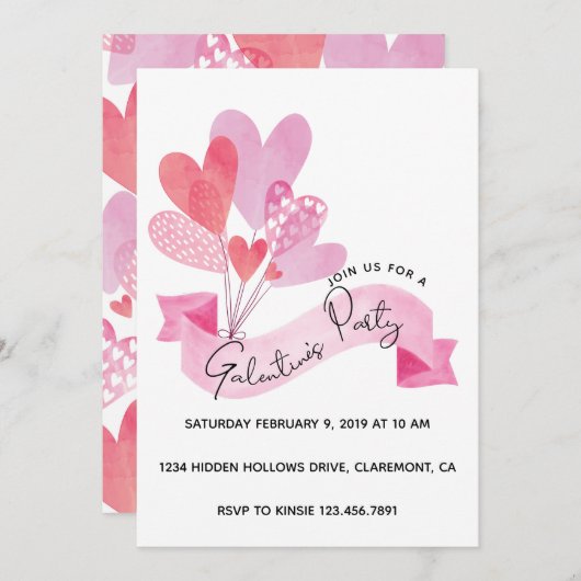 Galentinische Party Einladung mit Herzblasen (Vorne/Hinten)