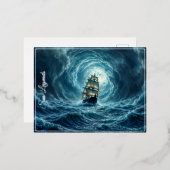 Galeon Schiff Sturm mondbeleuchtete Ozeanreise Folien Feiertagspostkarte (Vorderseite/Rückseite)