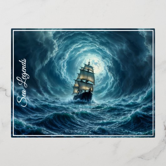 Galeon Schiff Sturm mondbeleuchtete Ozeanreise Folien Feiertagspostkarte (Vorderseite)