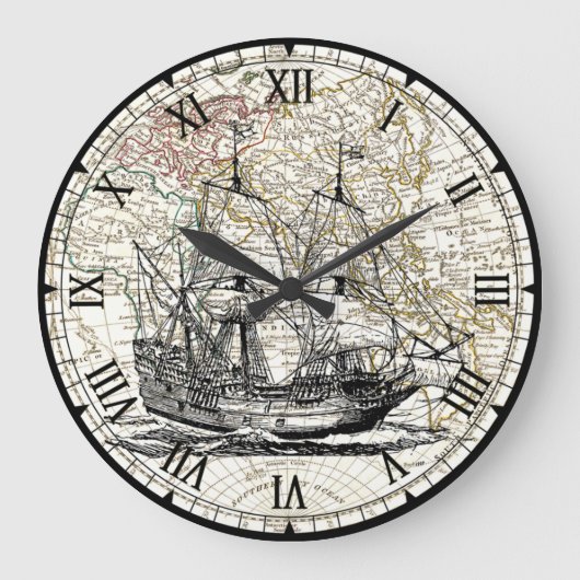 Galleon Sailing Ship~1789 Eastern Hemisphäre Map~ Große Wanduhr (Vorderseite)
