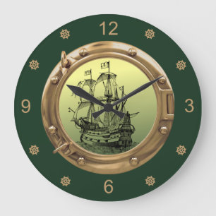 Galleon Segelschiff ~ Brass Porthole ~ Große Wanduhr