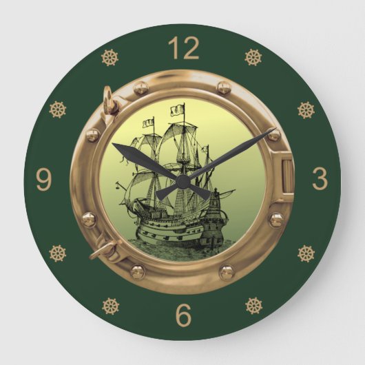 Galleon Segelschiff ~ Brass Porthole ~ Große Wanduhr (Vorderseite)