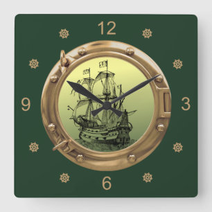 Galleon Segelschiff ~ Brass Porthole ~ Quadratische Wanduhr