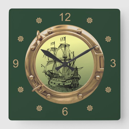 Galleon Segelschiff ~ Brass Porthole ~ Quadratische Wanduhr (Vorderseite)