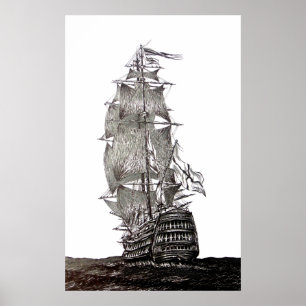 Galleonen-Zeichnung mit Feder und Tinte in Schwarz Poster