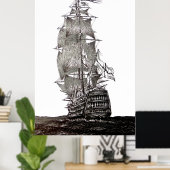 Galleons Stift und Tinte zeichnend in Schwarzweiß Poster (Heimbüro)