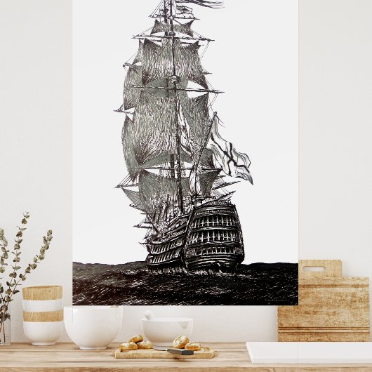 Galleons Stift und Tinte zeichnend in Schwarzweiß Poster (Küche)