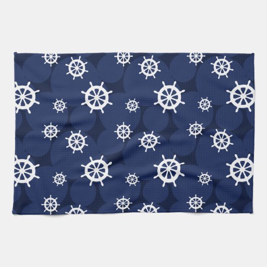 Galley Kitchen Ships Wheels Navy Blue and White Geschirrtuch (Horizontal)