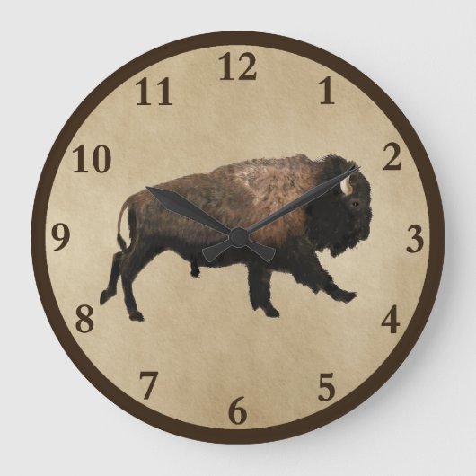 Galloping Bison auf altes Papier Große Wanduhr (Vorderseite)