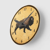 Galloping Bison On Old Paper Round Clock Runde Wanduhr (Winkel)