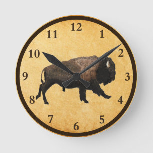 Galloping Bison On Old Paper Round Clock Runde Wanduhr