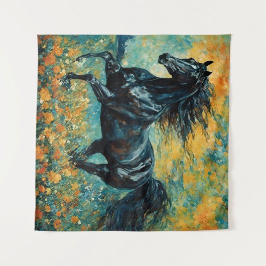 Galloping Black Stallion Tapestry Wandteppich (Vorderseite (Horizontal))
