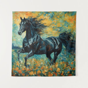 Galloping Black Stallion Tapestry Wandteppich