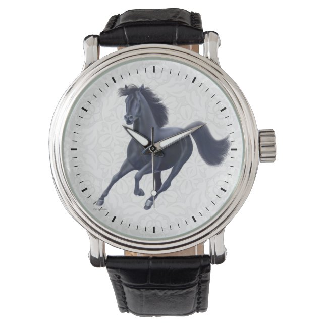 Galloping Black Thoroughbred Horwatch Armbanduhr (Vorderseite)