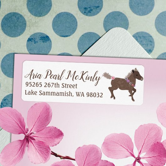 Galloping Brown Pony Pink Blume Adressenaufkleber