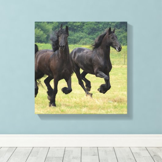 Galloping Friesian Horses Canvas Print Leinwanddruck (Insitu (Holzboden))