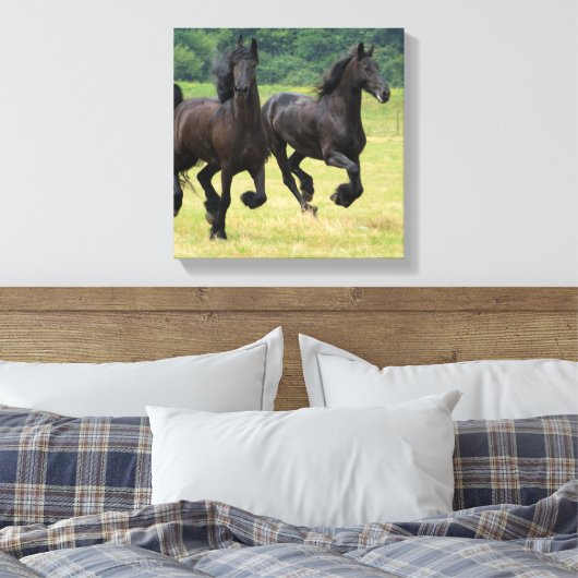 Galloping Friesian Horses Canvas Print Leinwanddruck (Insitu (Schlafzimmer))