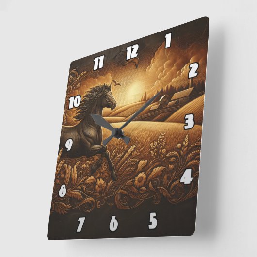 Galloping Horn Through Golden Fields bei Sonnenunt Quadratische Wanduhr (Winkel)