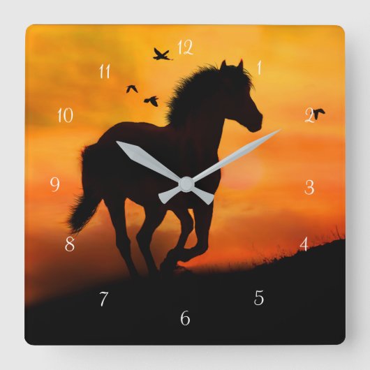 Galloping Horse and Birds in Sunset Quadratische Wanduhr (Vorderseite)