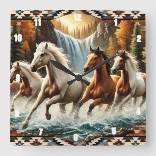 Galloping Horse Cascading Wasserfall Quadratische Wanduhr (Vorderseite)