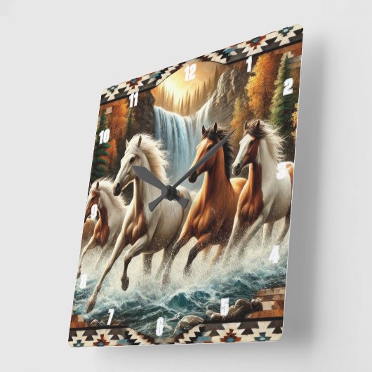 Galloping Horse Cascading Wasserfall Quadratische Wanduhr (Winkel)