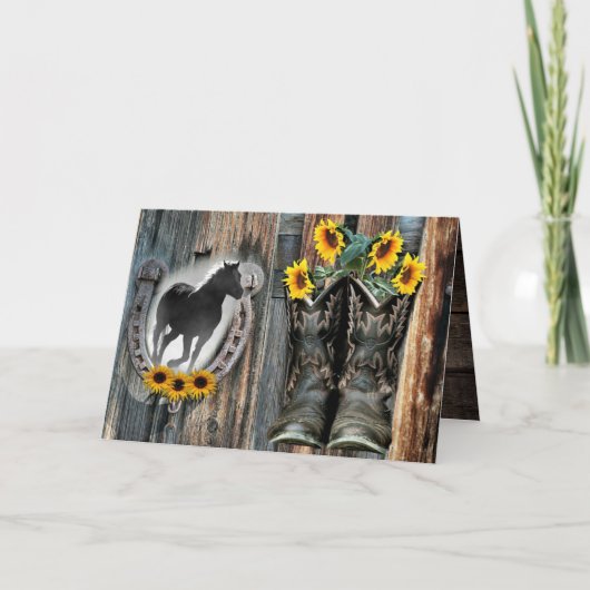 Galloping Horse Cowboy Boots Horseshoe Sonnenblume Dankeskarte (Vorderseite)