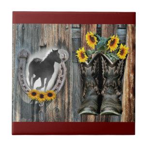 Galloping Horse Cowboy Boots Horseshoe Sonnenblume Fliese