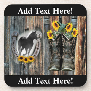 Galloping Horse Cowboy Boots Horseshoe Sonnenblume Getränkeuntersetzer