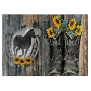 Galloping Horse Cowboy Boots Horseshoe Sonnenblume Schneidebrett