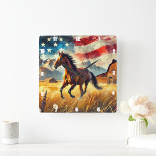 Galloping Horse Patriotic Quadratische Wanduhr