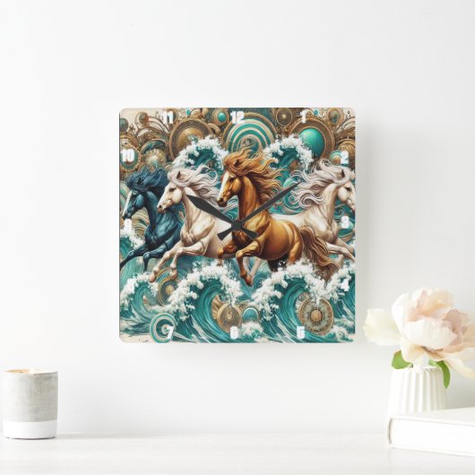 Galloping Horses Waves Quadratische Wanduhr (Zuhause)