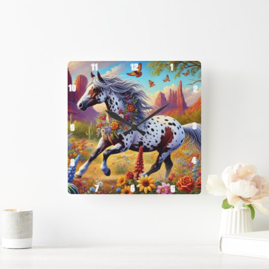 Galloping Pferd Blumendekor Design Quadratische Wanduhr (Zuhause)