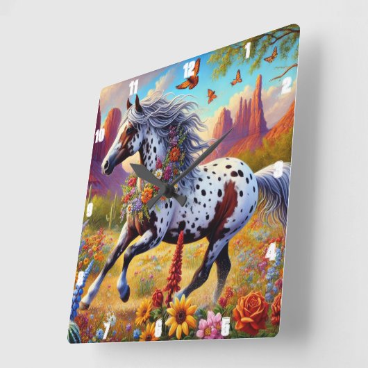 Galloping Pferd Blumendekor Design Quadratische Wanduhr (Winkel)